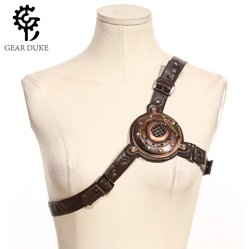 

Gothic Vintage Brown Sexy PU Leather Chest Harness Straps Belt Accessory with LED Light Steampunk Victorian Chest Strap