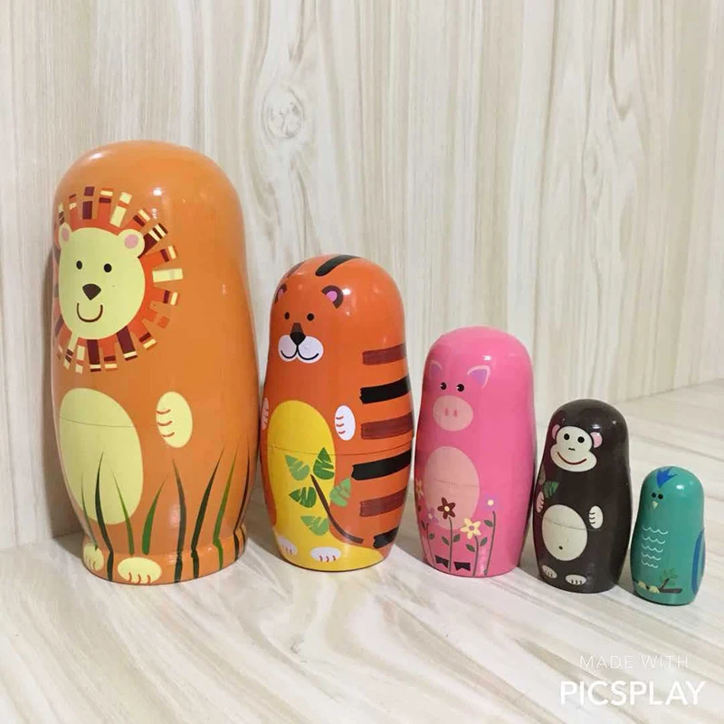 5 PCS/set Cute Russian Nesting Dolls Matryoshka Doll Toy 6&quot Tall Handmade Wooden Craft Cartoon Animals Pattern Kids Toys Gifts | Игрушки