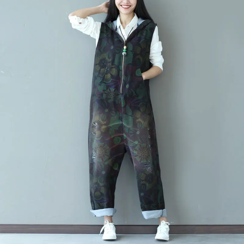 Plus Size Denim Jumpsuit Cotton 2019 Autumn Winter Loose Rompers Womens Casual Print Overalls for Women Jeans Woman New |