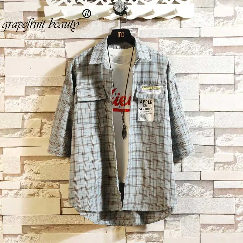summer personality Hong Kong version of the trend color matching plaid shirt men's casual hip hop loose long-sleeved 5X | Мужская