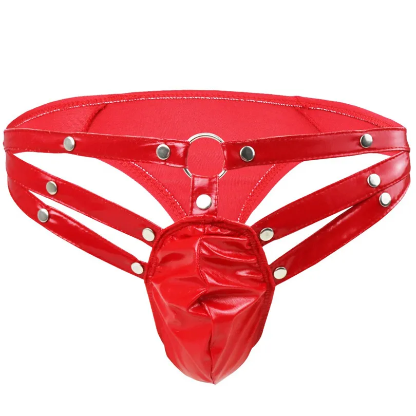 Мужские стринги с заниженной талией из искусственной кожи трехмерным вырезом