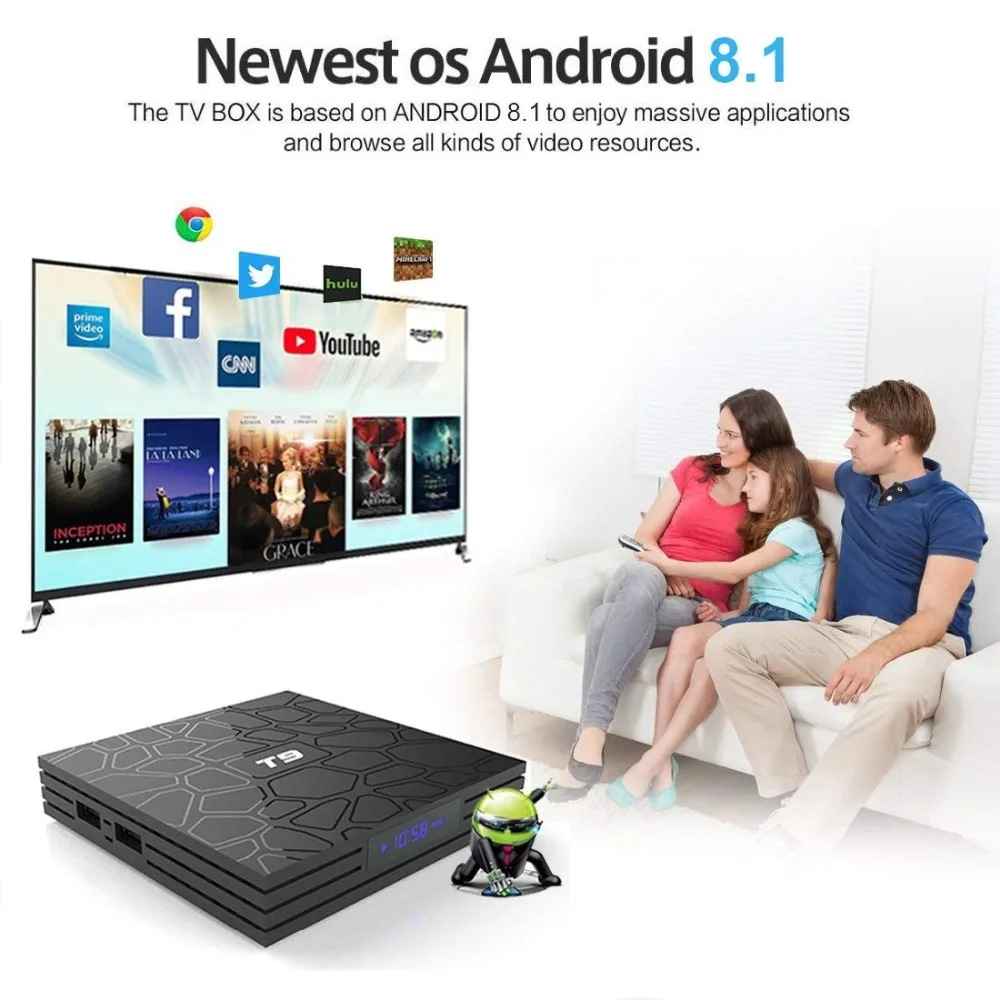 2018 новейший Android 8 1 ТВ коробка T9 4 Гб оперативной памяти 32 встроенной K RK3328 QuadCore