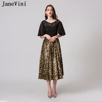 janevini sparkle gold plus size cocktail dresses 2019 elegant black lace sleeves v neck shining sequins a line formal prom gowns