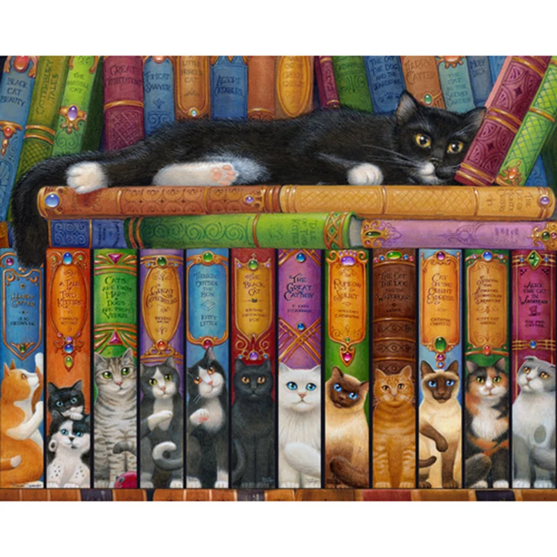 

DIY Diamond Painting Cross Stitch Bookshelf 5D Needlework Mosaic Cat Book Full Square round Drill Icon Diamond Embroidery WG769