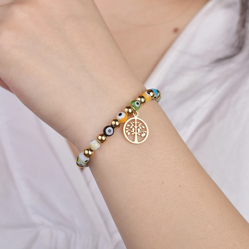 ELSEMODE Amulet Tree Life Blue Eye of Medusa 316L браслет из нержавеющей стали с бусинами Унисекс На
