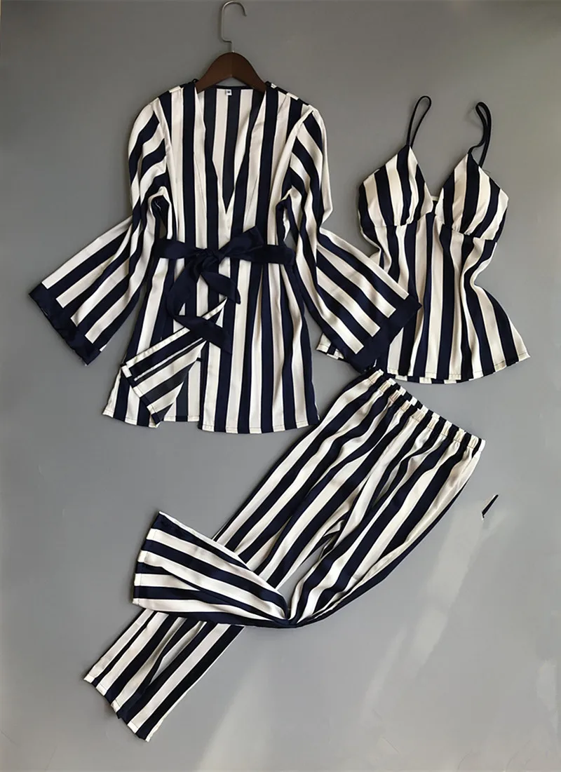 Одежда для сна Сексуальная Полосатый Для женщин пижамы шелковые Pijama элегантные