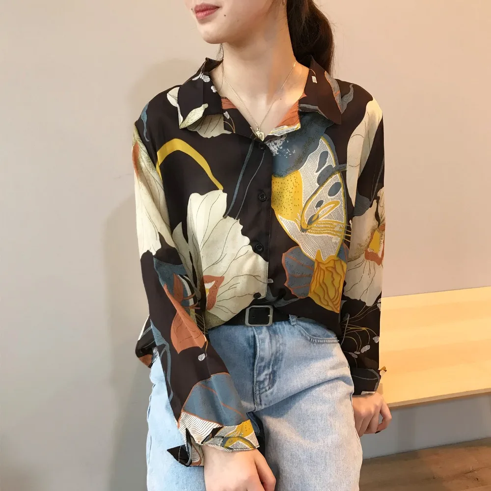 Женские свободные топы и шифоновые блузки рубашки с длинным рукавом абстрактным