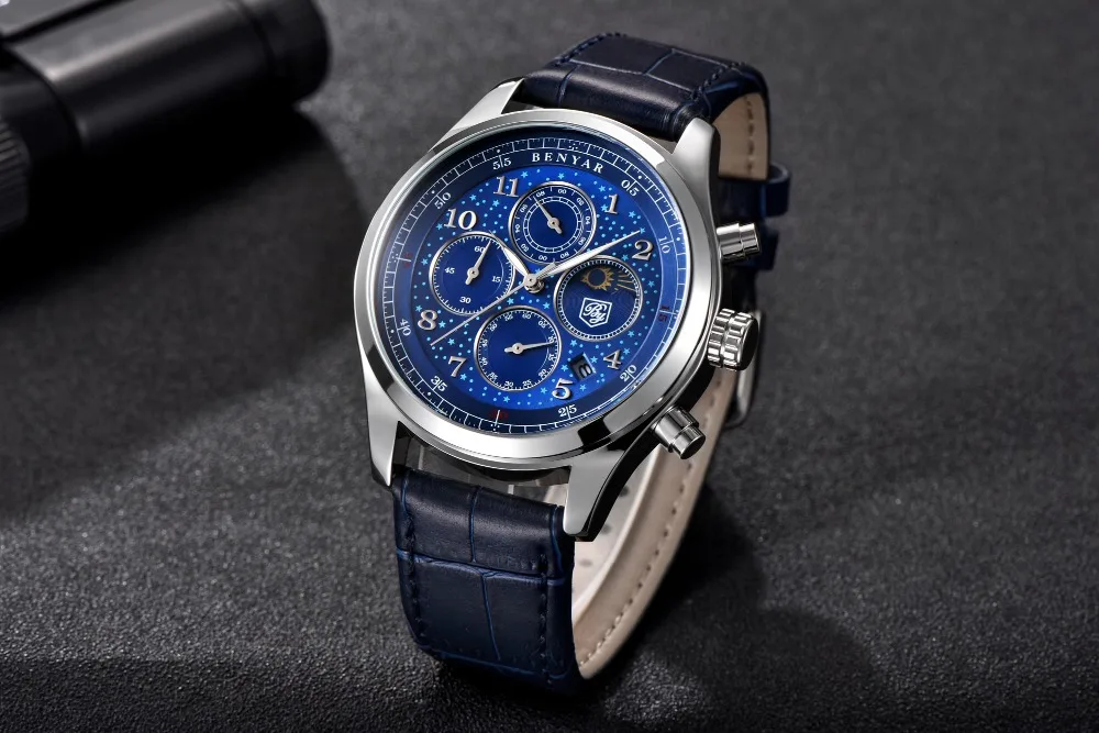 BENYAR Топ люксовый бренд Moon Phase часы мужские водонепроницаемые Хронограф военные спортивные кварцевые часы мужские часы Relogio Masculino