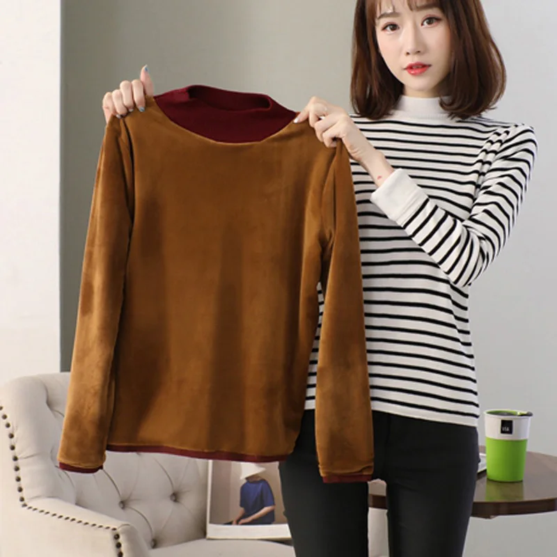 Women Autumn Winter Striped Thick Warm Knitted Pullover Sweaters Ladies Crochet With Velvet Sweater Female High Quality | Женская одежда