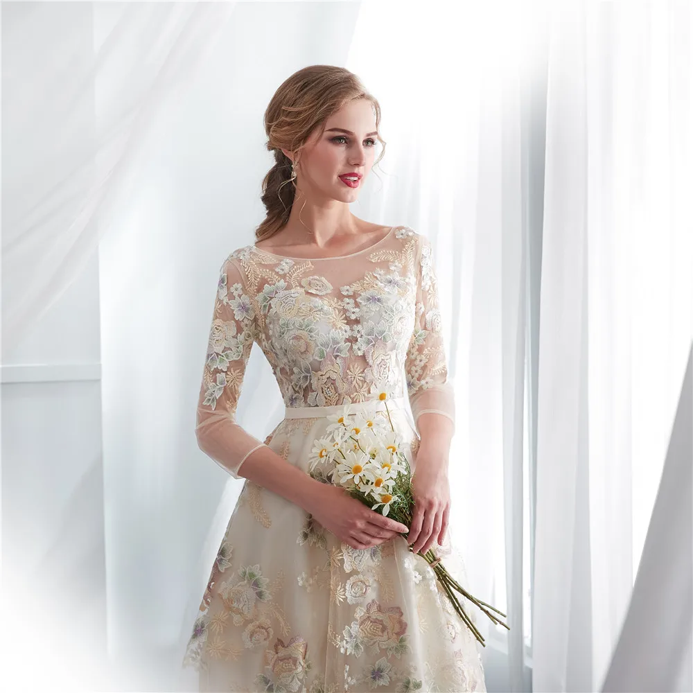 2019 Champagne vestidos de boda bordados con velo de novia velo largo de una línea de vestidos de dama de honor invitado de boda cremallera porte nom mariage
