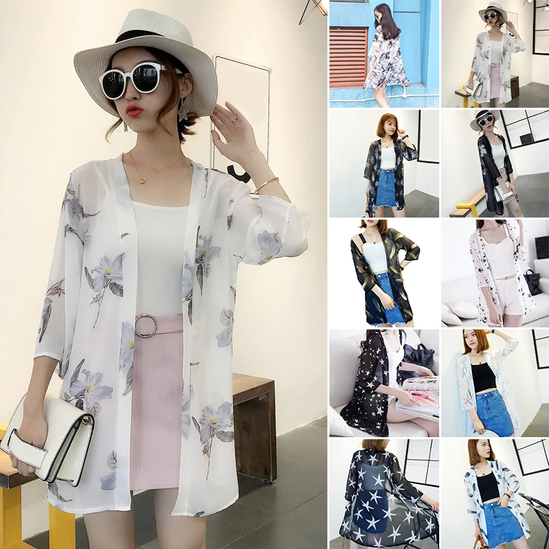 Защита от солнца Тонкий пляжный открытый Свободный Повседневный Кардиган шифон