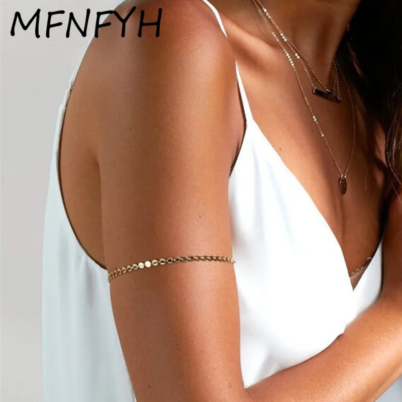 MFNFYH Bohemian Gold Silver Chain Charm bracelets for Women Copper Sequins Armband Upper Arm Body Jewelry Pulseras Mujer | Украшения и