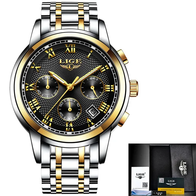 Gold black LIGE Мужские часы Роскошные модные повседневные часы водонепроницаемые военные кварцевые наручные часы с хронографом для мужчин браслет из нержавеющей стали - Цвет: Gold black