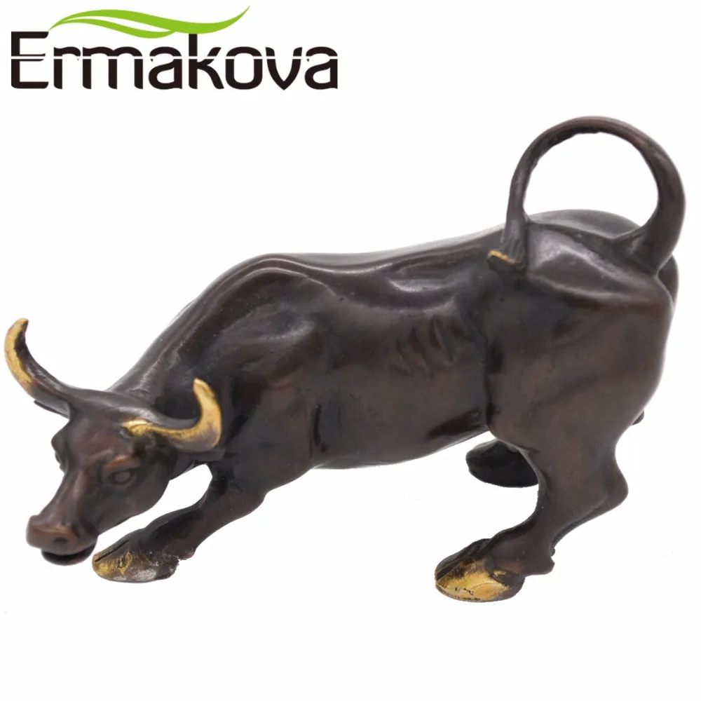 ERMAKOVA-estatuilla de toro de pared de latón Ox Street, estatua de toro de carga de Stock, escultura Feng Shui, decoración para el hogar y la Oficina, regalo