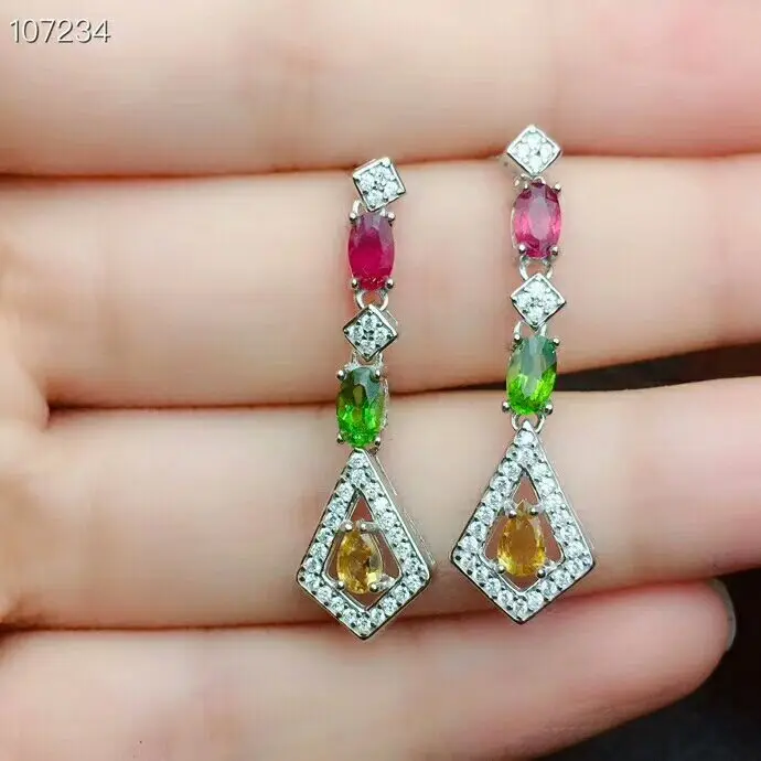 Earrings MeiBaPJ 925 пробы серебро натуральный красочный Турмалин драгоценный камень ожерелье серьги кольцо для женщин прекрасный свадебный комплект ювелирных изделий - Цвет камня: Earrings
