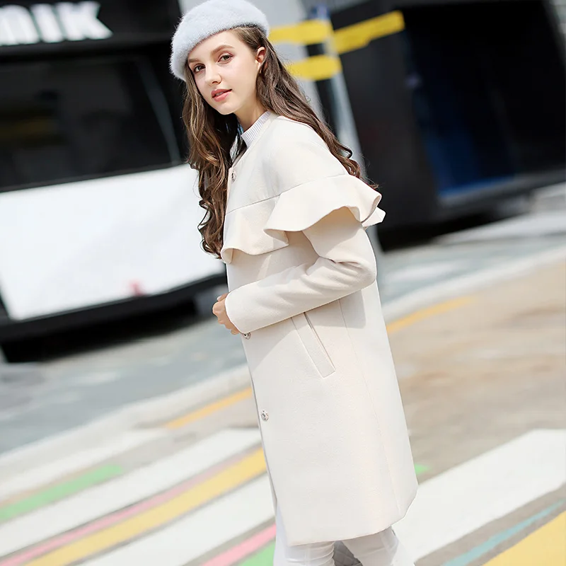 Korean Ruffle Woolen coat female Loose Wool Blend Coat Jacket for women Coats Autumn Winter manteau femme hiver veste exo | Женская