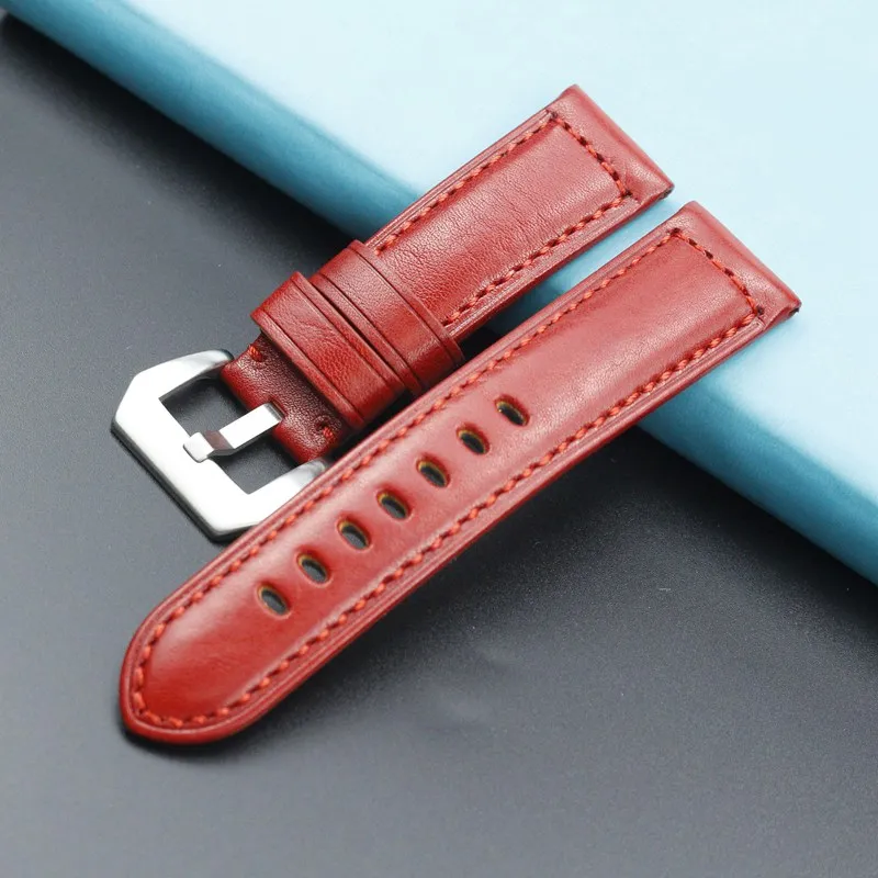 24mm Watchbands Retro Red Genuine Leather Watch band Strap watch accessories bracelet stainless steel buckle for Panerai | Наручные часы