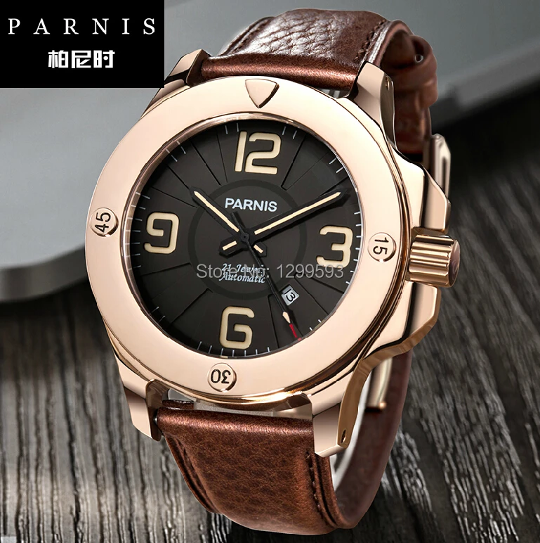 Genuine Parnis large dial men's casual leather belt automatic mechanical watch men waterproof luminous military form | Наручные часы