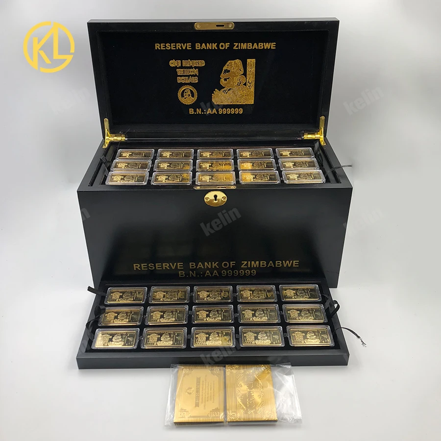 

Free Fedex IE Shipping Zimbabwe Gold plated Metal Bar wooden box set with nice gold bar certificates Gold coin for VIP Gifts