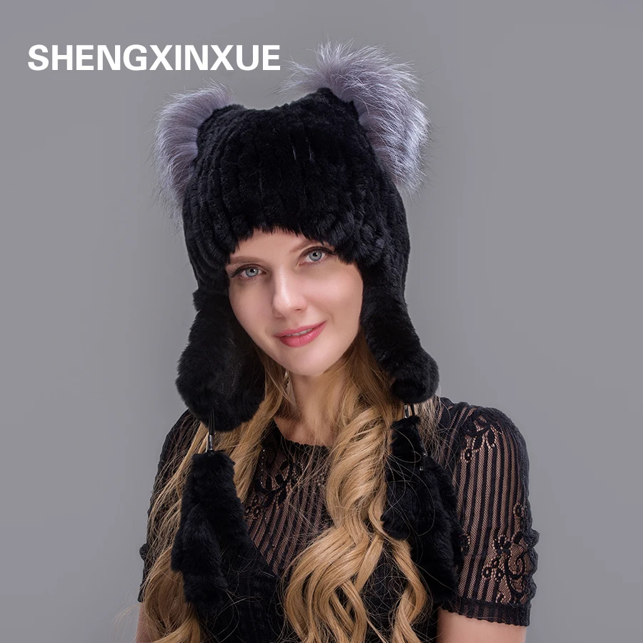 Женская шапка с ушками JIQIUZHANXUEFEI теплая из натурального кроличьего меха для