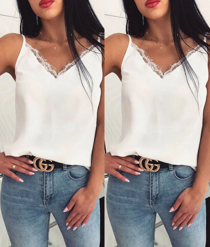 Fashion Women Summer Lace Floral V Neck Vest Top Sleeveless Blouse Casual Tank Tops Shirts Clothing Chiffon Solid Clothes | Женская