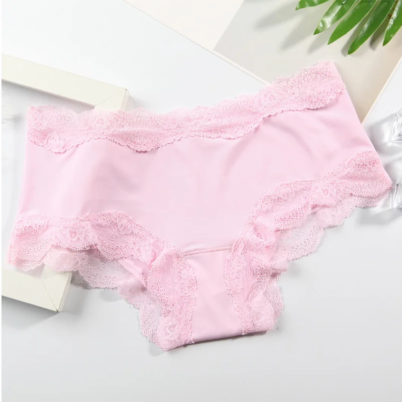 Pink LANGSHA бесшовные трусики женские сексуальные однотонные кружевные бежевые Мягкие Нижнее белье из нейлона Мягкие трусики из шелка трусы нижнее белье для девочек - Цвет: Pink