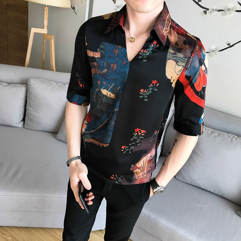 V образный воротник китайский Стиль рубашка Для мужчин Slim Fit Корейская одежда с