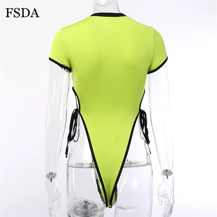 FSDA Neon Summer Bodysuit Sexy Beach Lace Up Hollow Out Short Sleeve Women Bodysuits
