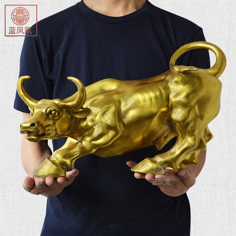 

40CM LARGE # Office home-efficacious Talisman Money Drawing COW Business stock-market Golden Charging bull Mascot statue
