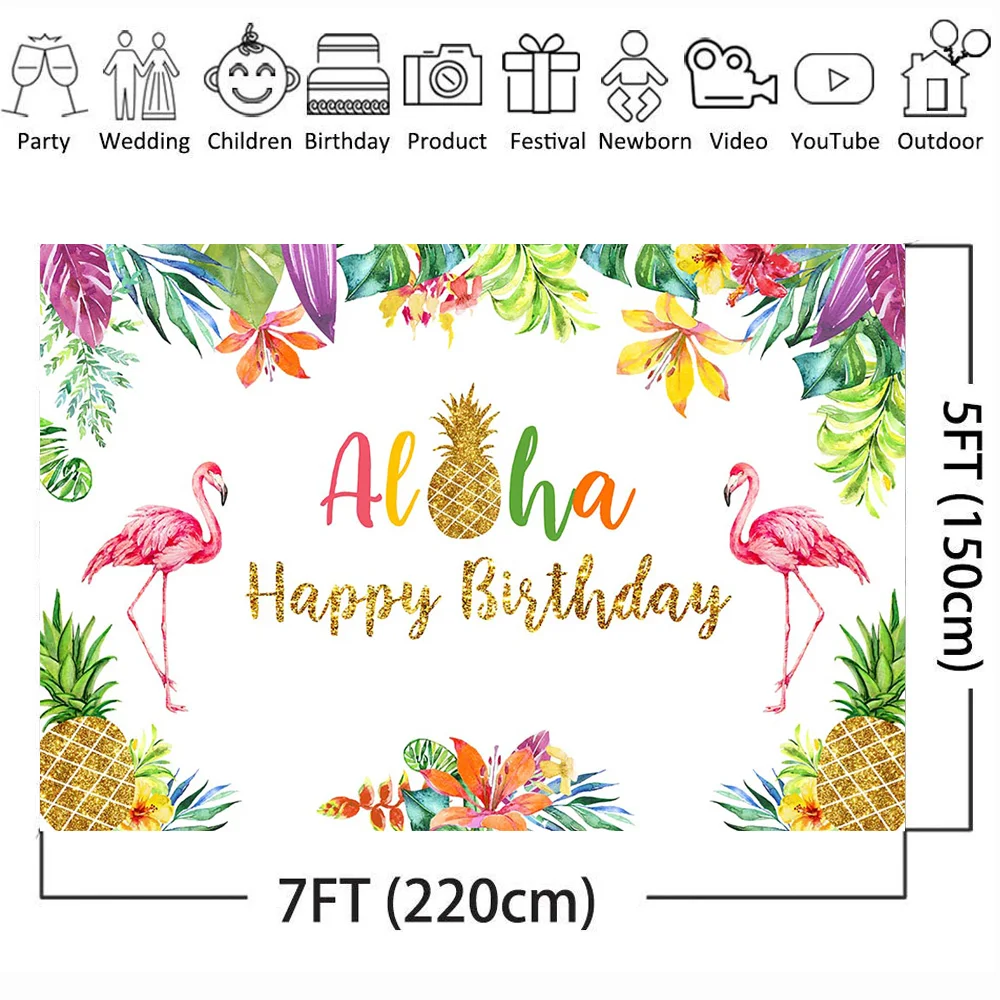 Tropical Flamingo Happy Birthday Backdrop Aloha Gold Pineapple Hawaii Party Photography Backdrops Studio Props | Электроника