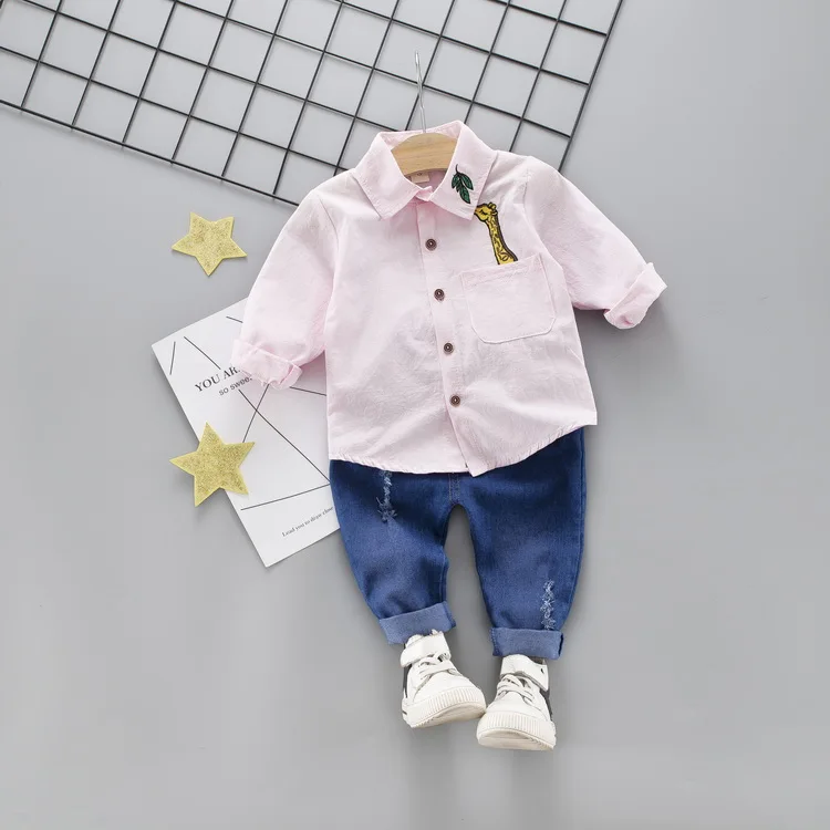 Коллекция года, весенние комплекты одежды для малышей повседневные комплекты одежды для маленьких мальчиков Детская рубашка с жирафом, джинсы, штаны Детский костюм - Цвет: Розовый