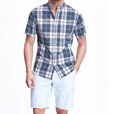 Мужская хлопковая рубашка в клетку модная с короткими рукавами размера плюс