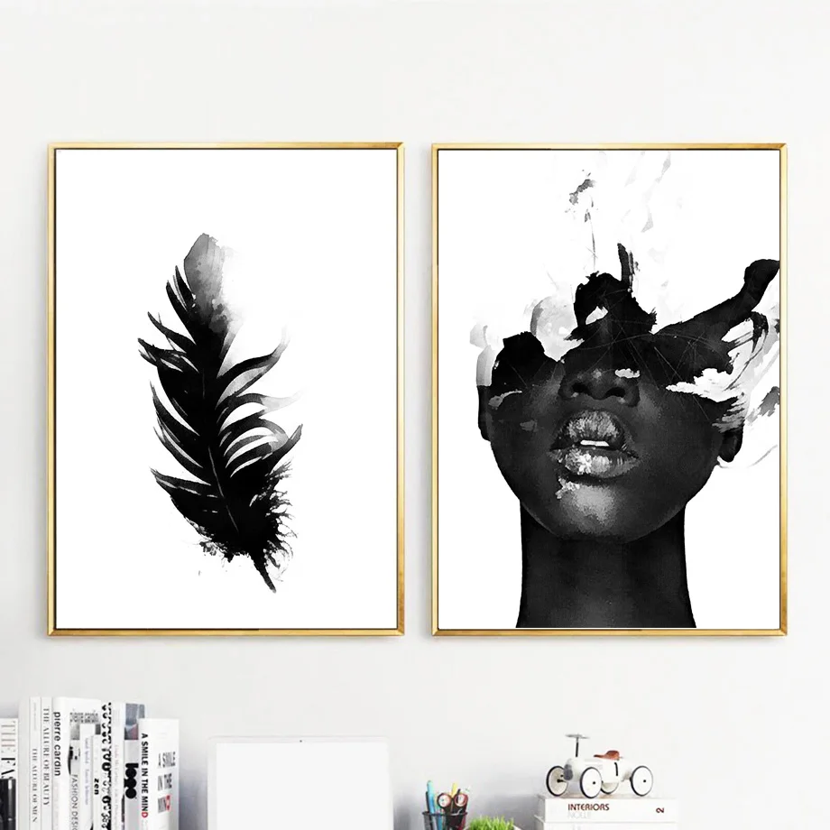 

Wall Art Canvas Painting Feather Girl Black White Abstract Nordic Posters And prints Wall Pictures For Living Room Decoration