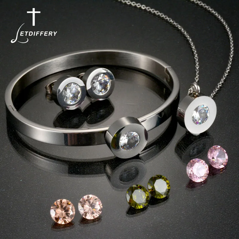 set steel Letdiffery,, CZ камень, обручение, свадебный ювелирный набор, Bague Femme, ожерелье, серьги, браслеты, набор, Прямая поставка - Окраска металла: set steel