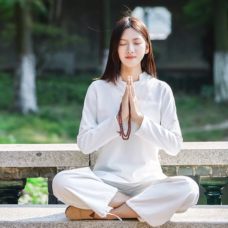 white long sleeve Г. женские хлопковые и льняные yoga одежда однотонные свободные тай-чи одежда для женщин Традиционный китайский одежда для женщин - Цвет: white long sleeve