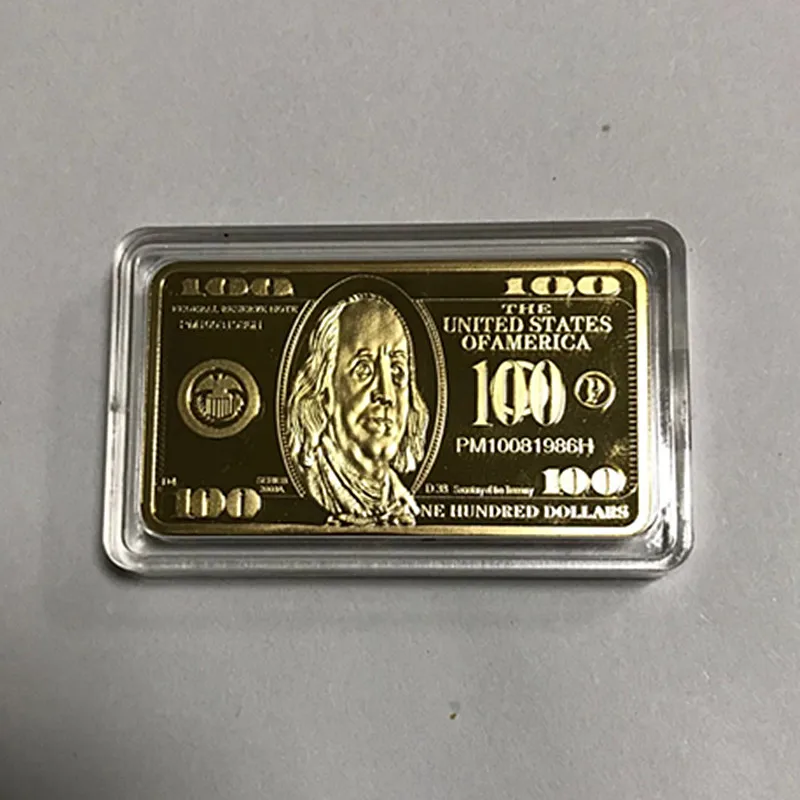 

50 Pcs The 100 USA Dollars Banknote 1 OZ 24K Real Gold Plated Ingot Badge 50 x 28 Mm Souvenir Coin Collectible Bullion Bar
