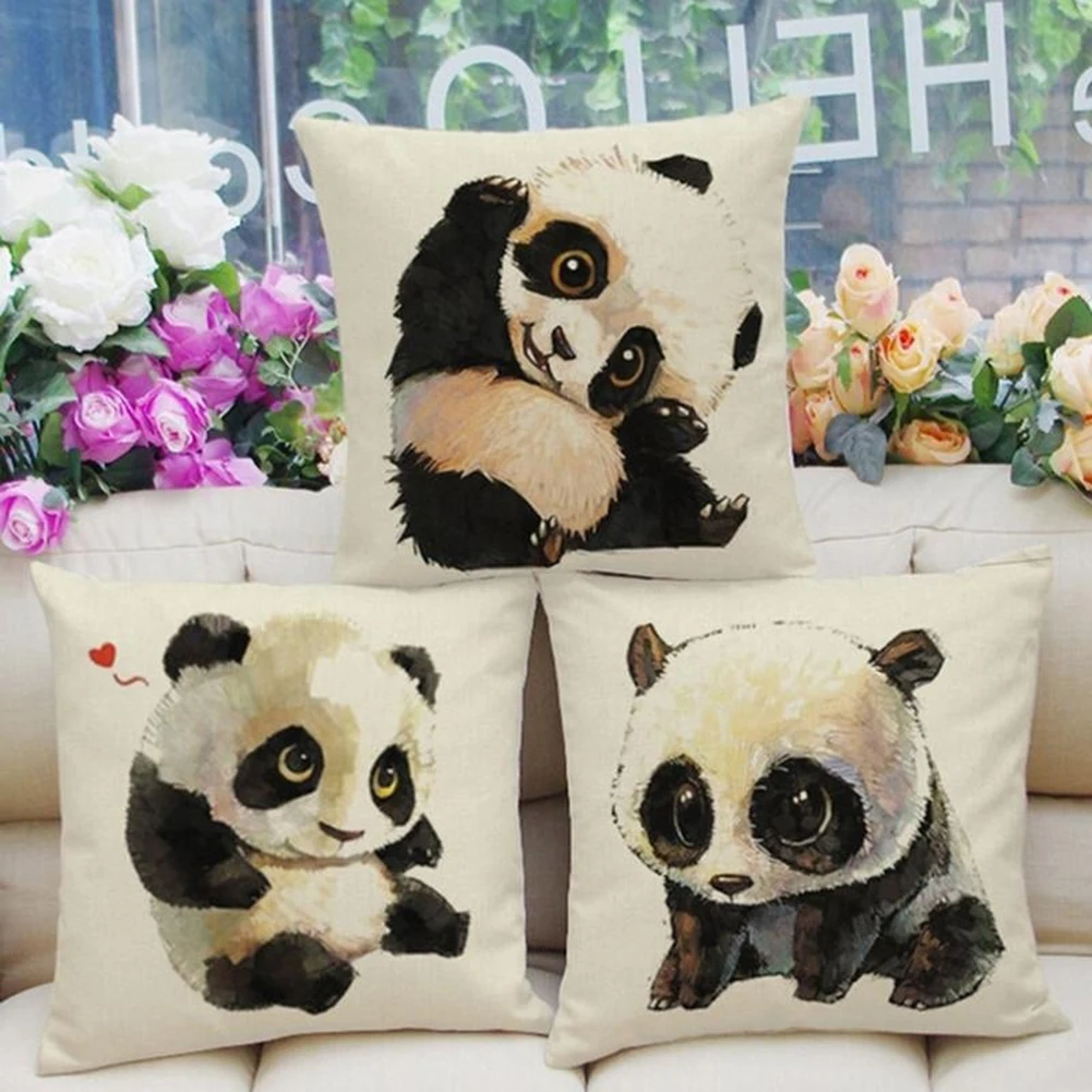 

Lovely Panda Print Linen Pillow Case Fashion Square Soft Pillow Cover