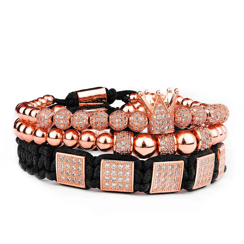 3pcs Rose gold 3 шт./компл. Украшения для мужчин Корона со стразами Циркон Для мужчин пары Браслет Кружева из бисера браслет Для мужчин браслет Для женщин браслет - Окраска металла: 3pcs Rose gold