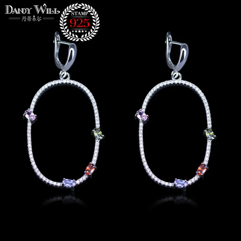 Unique Multi Red Green Cubic Zirconia Silver Color Long Big Oval  Drop Dangle Earrings For Women Wedding Party