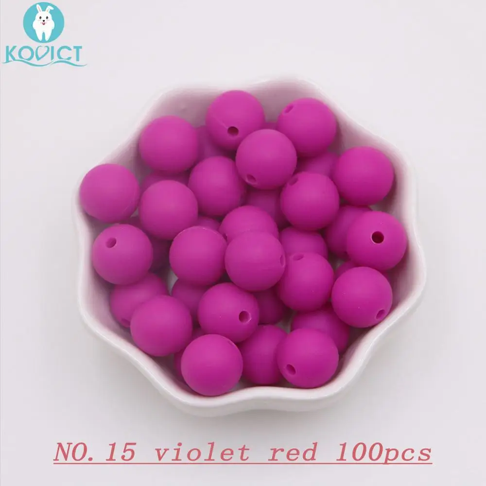 NO.15 violet red Kovict 100/200/500/1000 шт. Силиконовые Круглые бусины 12 мм, Фурнитура для бижутерии, соски с цепочкой, подарок для новорожденных Круглый Силиконовый Прорезыватель для зубов из бусин для Цепочки и ожерелья - Цвет: NO.15 violet red