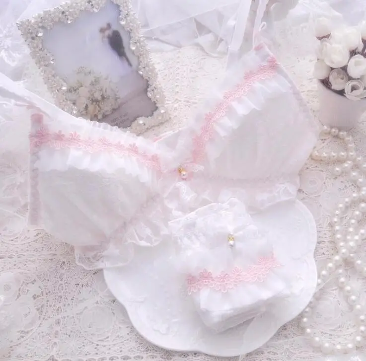 White with Pink Lace Реальные фотографии хорошее качество Лолита сексуальный милый кавайный Свадебный белый кружевной Мягкий беспроводной без косточек бесшовный бюстгальтер трусики набор RB293 - Цвет: White with Pink Lace