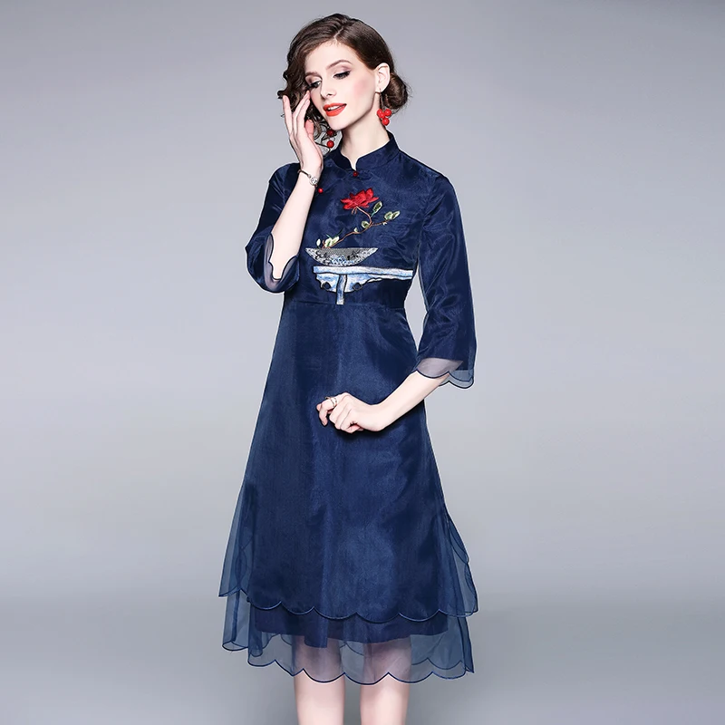 Женское Сетчатое платье Cheongsam с вышивкой элегантное в китайском стиле коротким