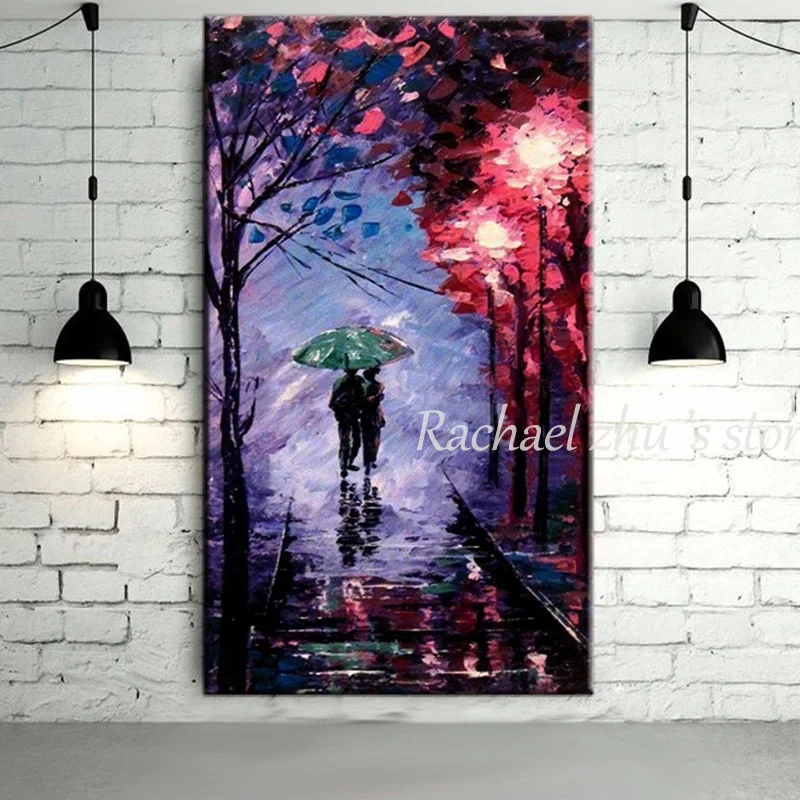 Ручная роспись абстрактные дождливые ночные пары прогулочные картины Масляные