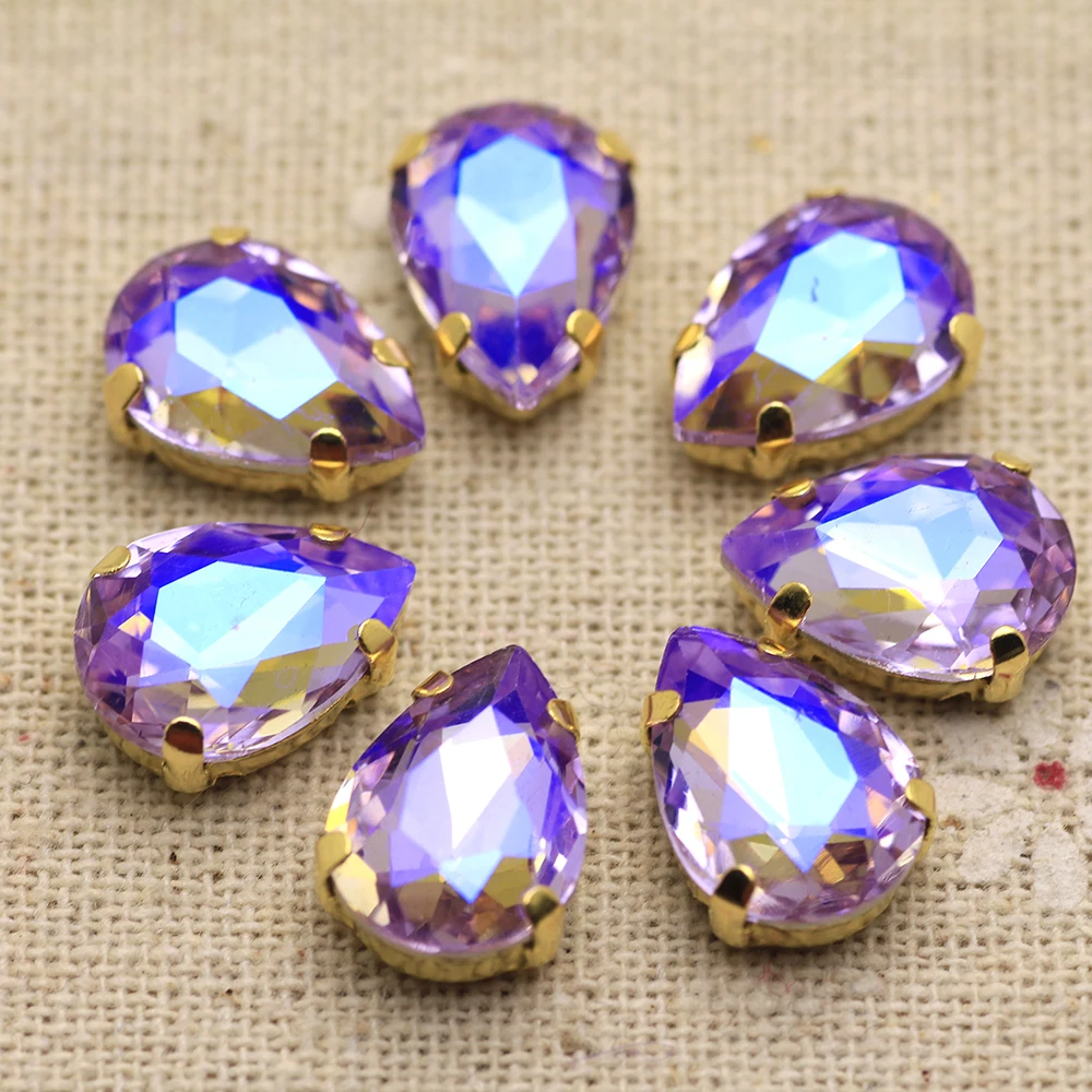 Mix AB color Waterdrop shape sew on Rhinestone with Gold base Rhineestone applique holes Flatback crystal strass DIY cloth | Дом и сад