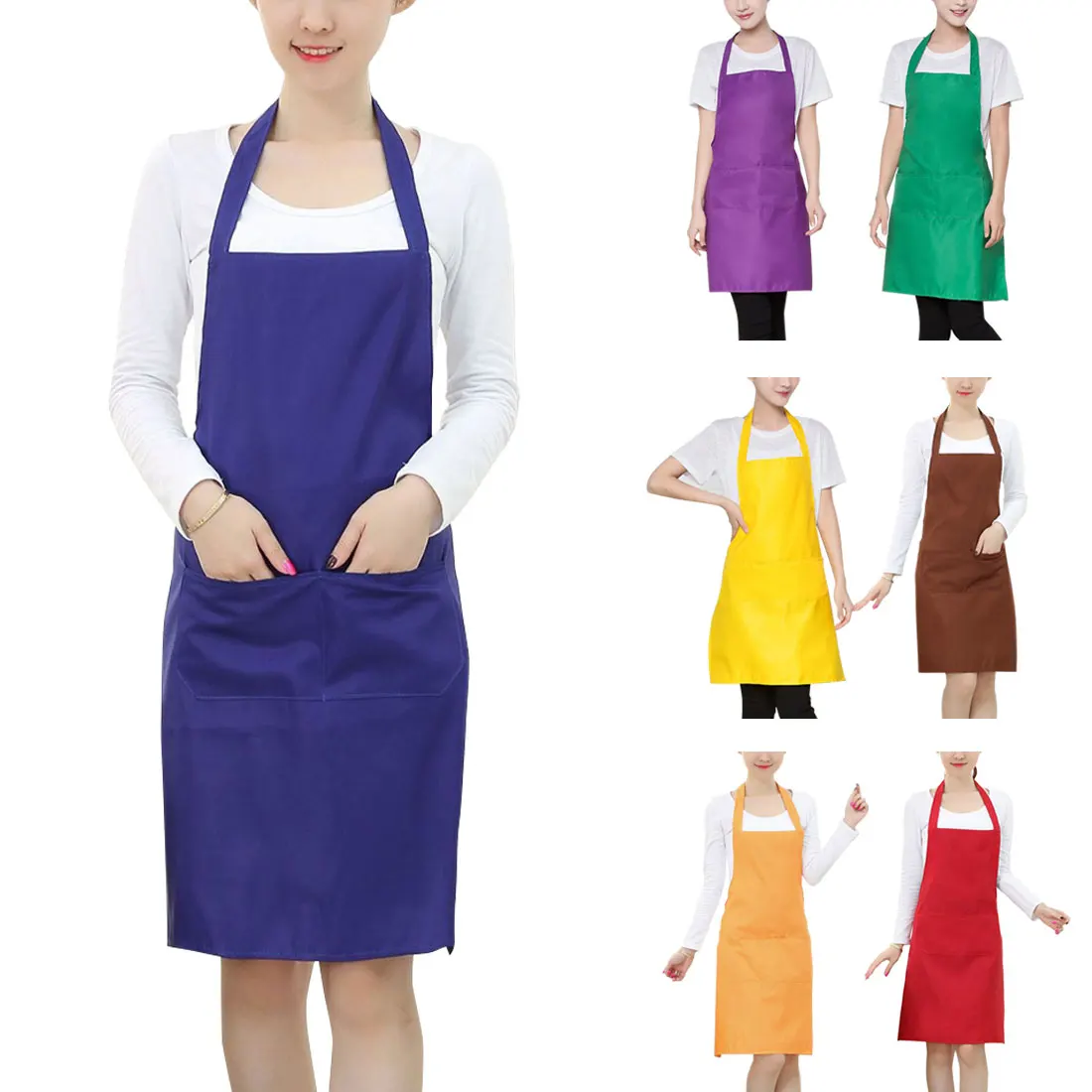 Водонепроницаемый Фартук для женщин с карманами однотонный кухонный фартук