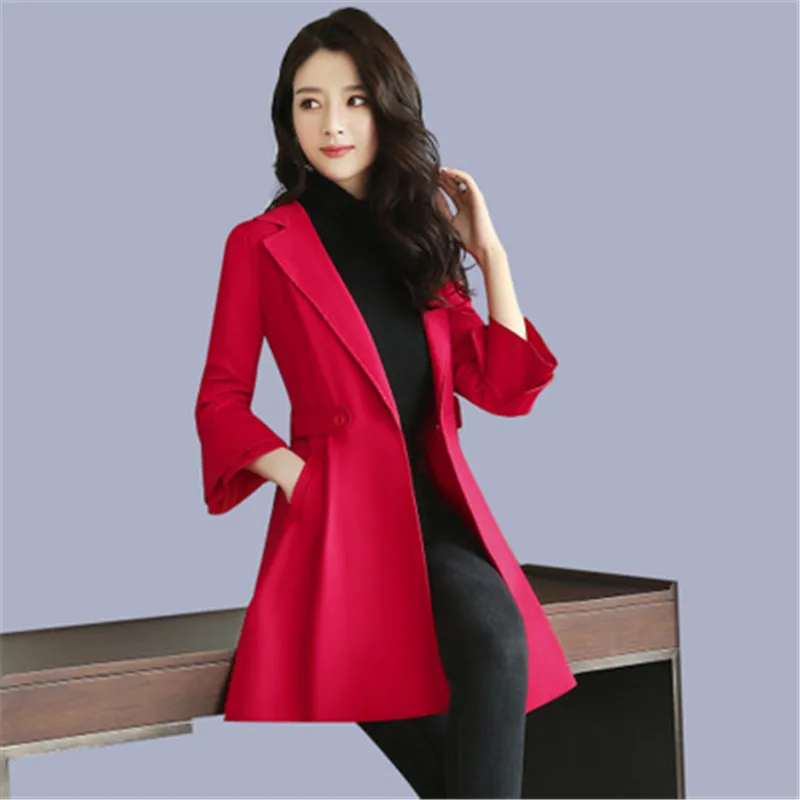 New fashion women's windbreaker Spring autumn Boutique coats Solid color Slim Outerwear Trumpet sleeves female Trench OKXGNZ1339 | Женская