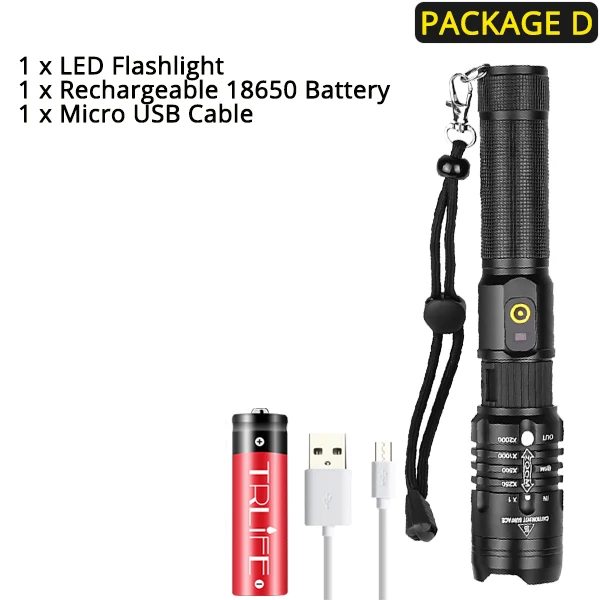 Package D Мощный светодиодный фонарь XHP50.2, перезаряжаемый фонарь XHP70.2, USB фонарь с зумом, XHP50, охотничий фонарь для самообороны, 18650 - Испускаемый цвет: Package D