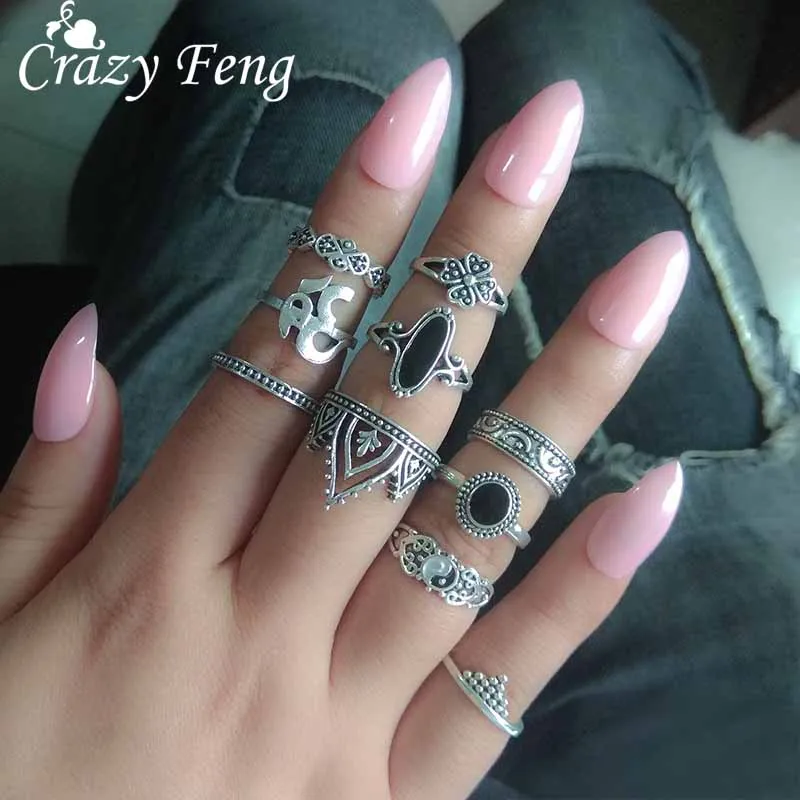 Винтажный набор колец Crazy Feng 2017 миди с резной луной звездой и короной 10 шт./упак.
