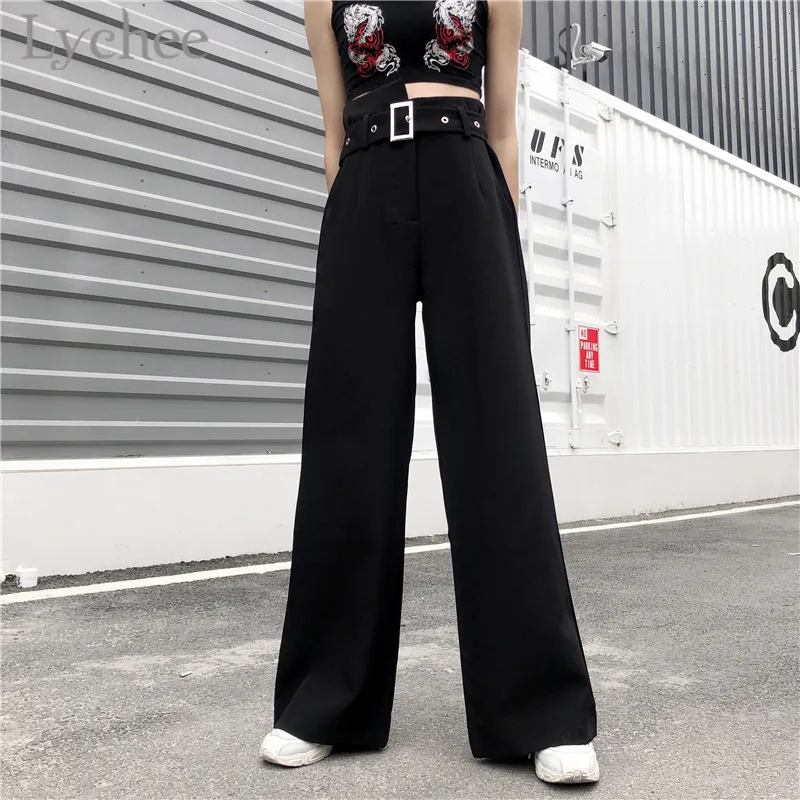 Lychee Harajuku пояс широкие ноги женские Брюки Высокая талия сплошной цвет полная длина брюки весна осень повседневные свободные женские брюки