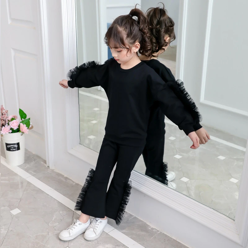 Спортивные топы для детей комбинированный кружевной свитер с длинными рукавами